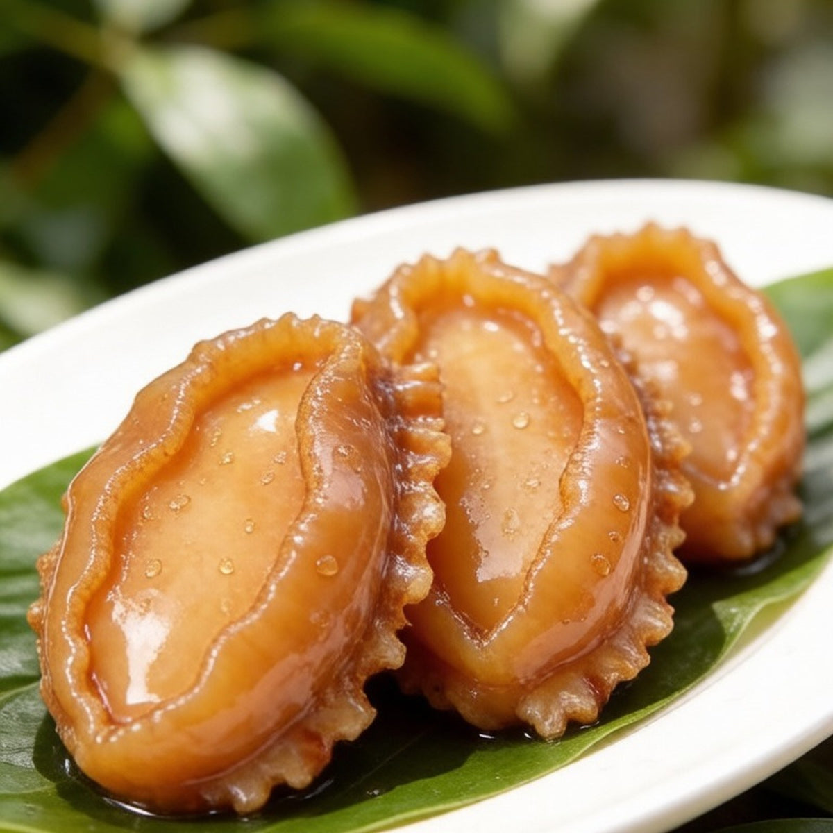 Raw abalone meat on a white plate over green leaves, glossy and plump
