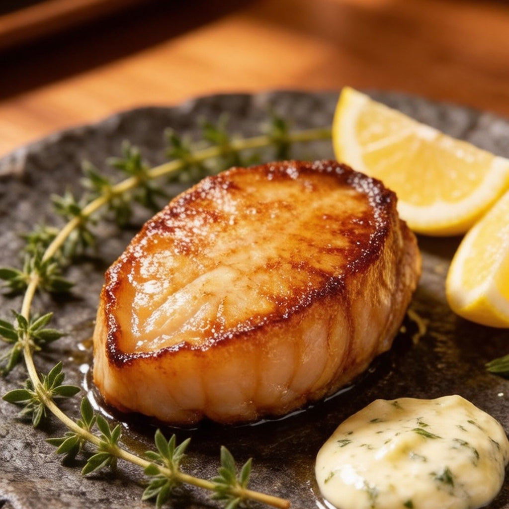 Seared abalone steak on a stone plate with lemon and herb butter