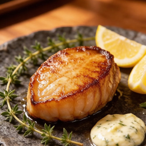 Seared abalone steak on a stone plate with lemon and herb butter