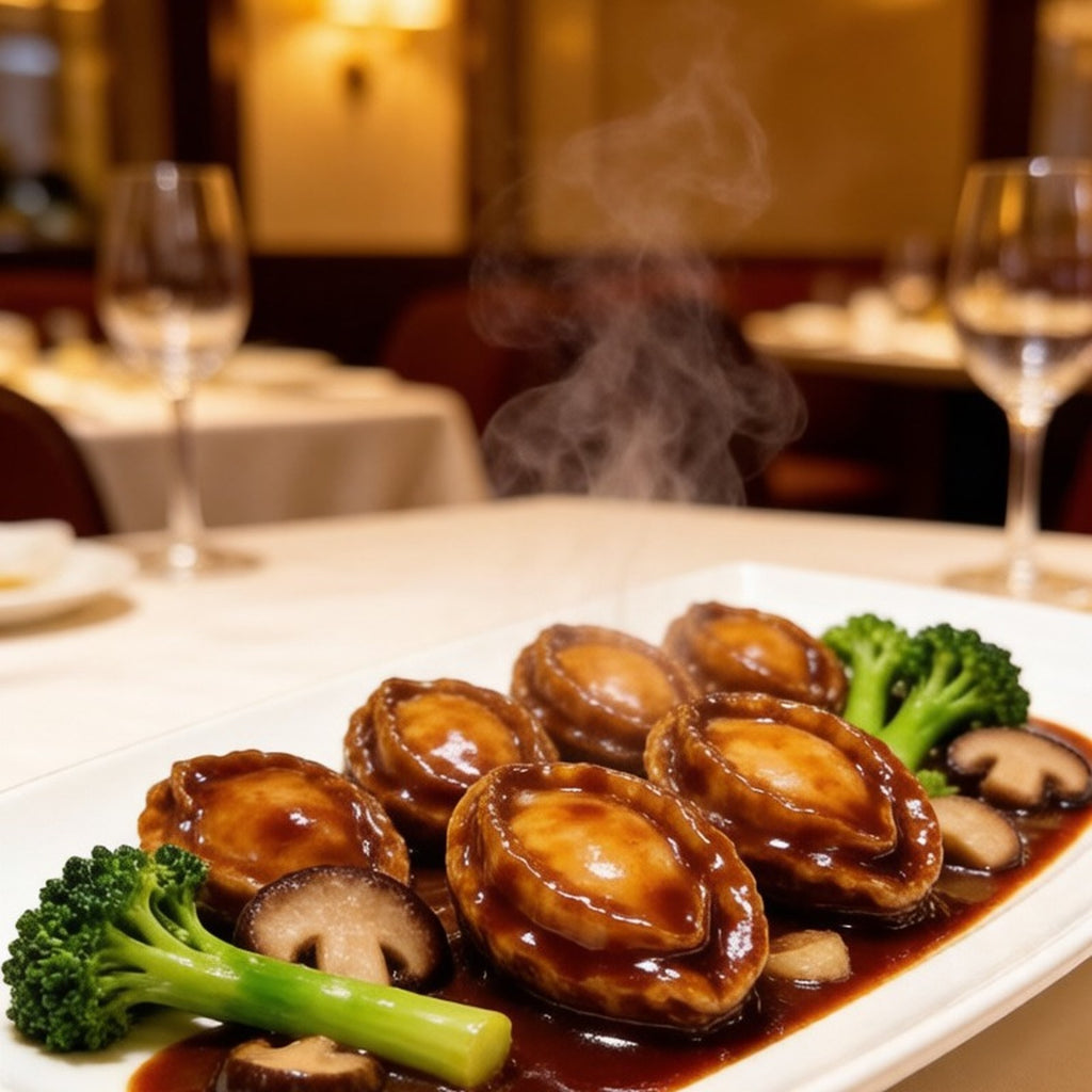 Braised abalone with broccoli in a glossy sauce on a white platter