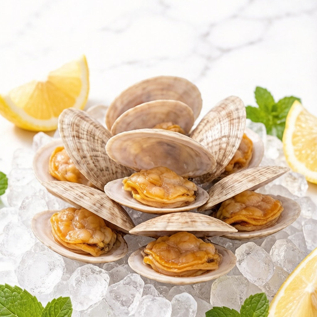 Blanched clams on crushed ice with lemon wedges and mint