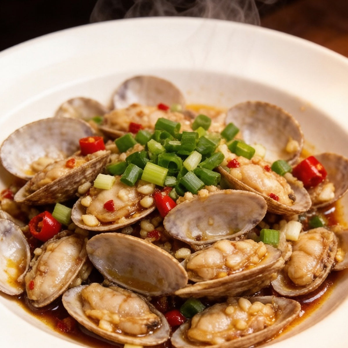 Stir-fried clams with garlic, scallion and chili in a white bowl