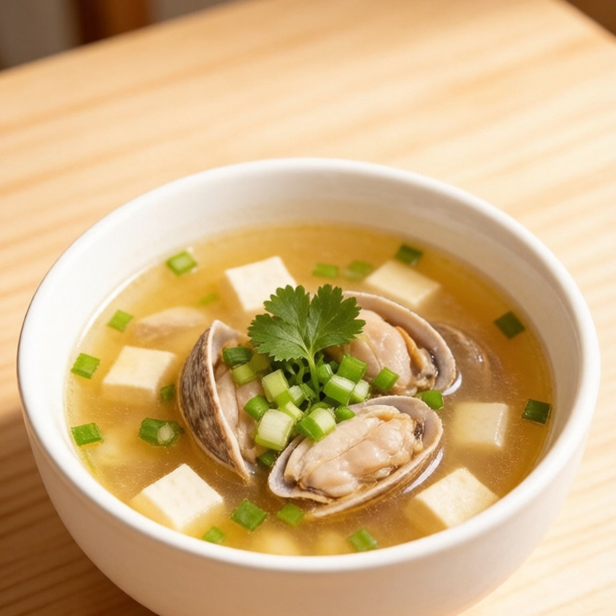 Clam and tofu soup in a white bowl topped with coriander and spring onion