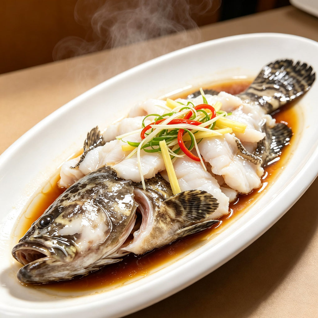 Steamed whole grouper under shredded scallion and ginger in a soy glaze