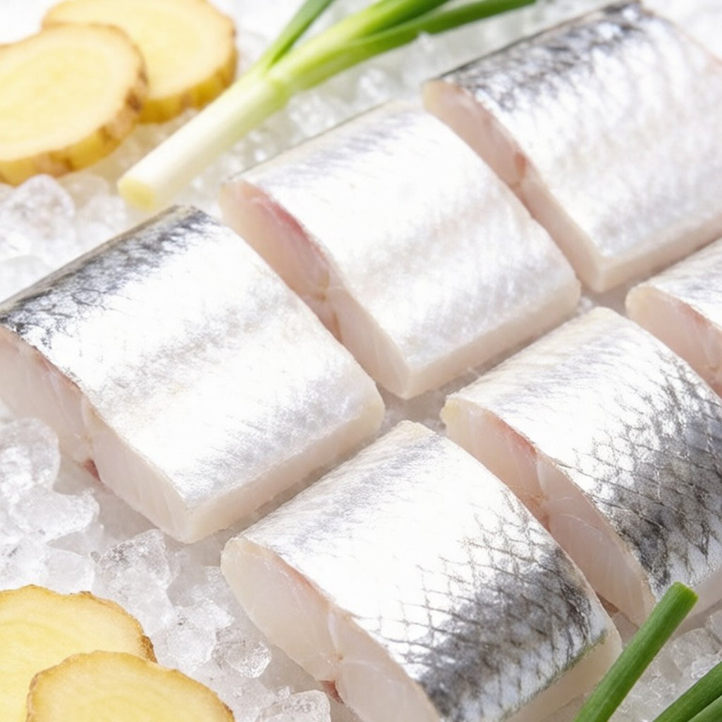 Raw hairtail segments stacked on ice with ginger slices and spring onion