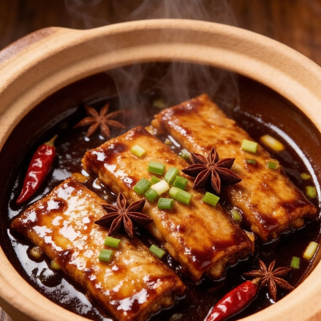Braised hairtail segments in a clay pot with star anise and dried chili