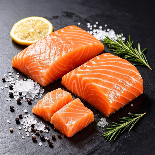 Raw salmon portions on a dark slate board with sea salt, rosemary and lemon