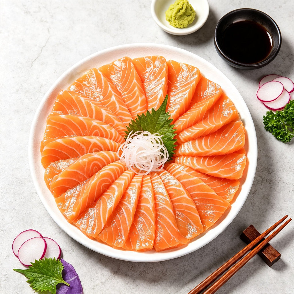 Slices of salmon arranged in a rosette with wasabi, soy sauce and pickled ginger