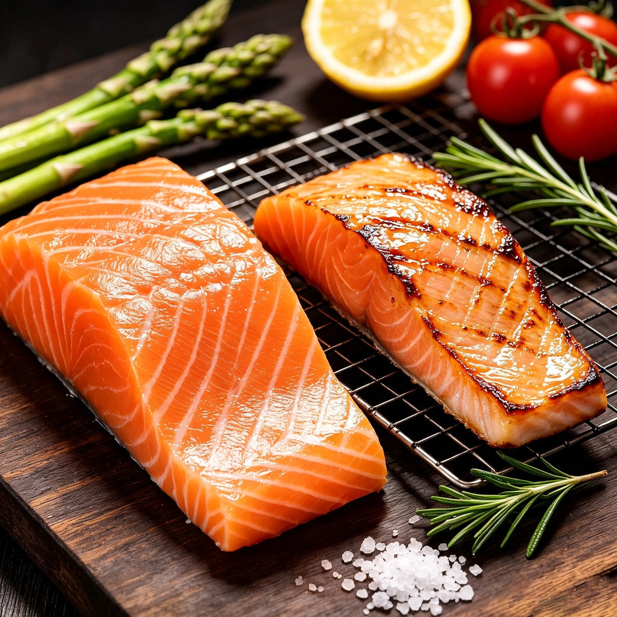 A raw salmon fillet beside a grilled portion on a wire rack with asparagus and tomatoes