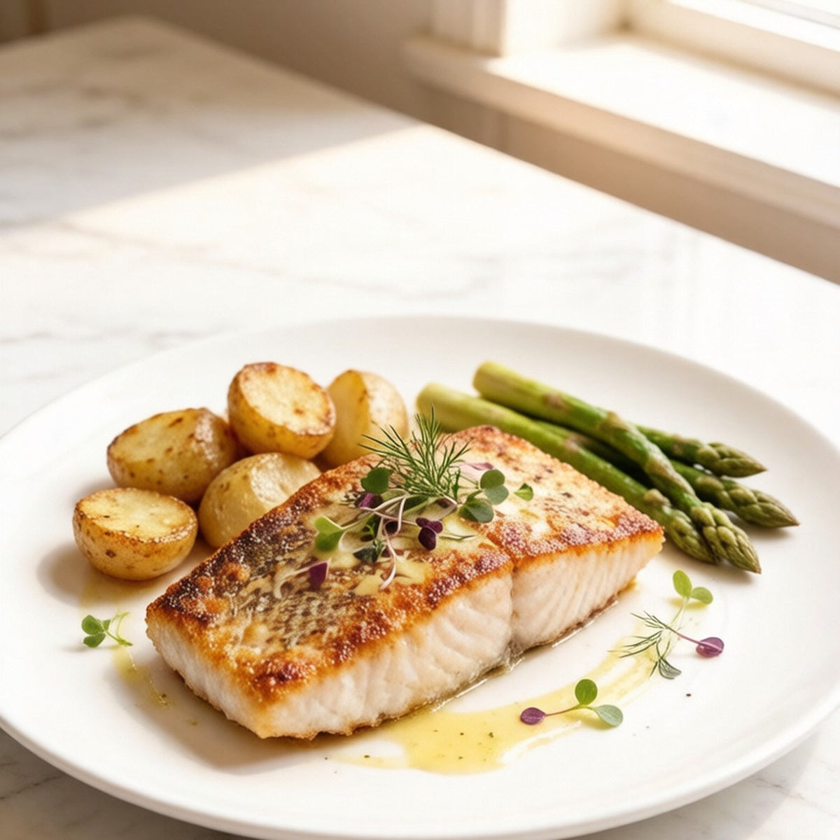 Seared sea bass fillet with crisp skin, served with baby potatoes and asparagus