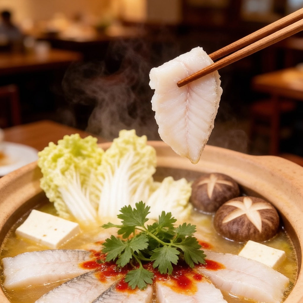 Sea bass pieces poaching in a bubbling hot pot with napa cabbage, tofu and shiitake