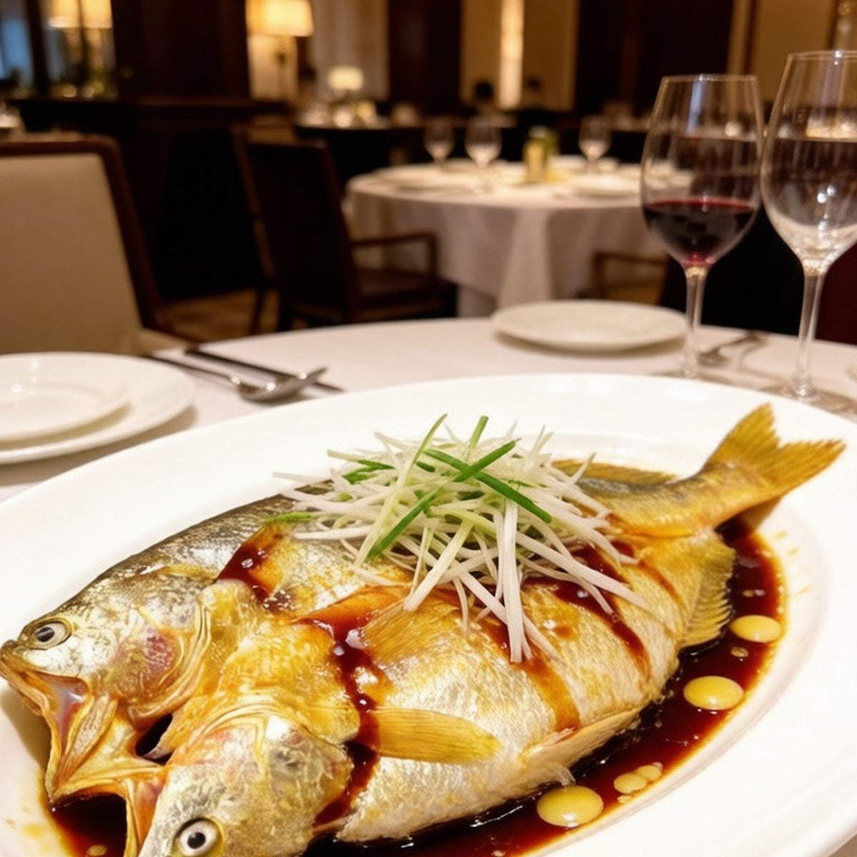 Steamed whole croaker topped with shredded scallion and ginger in a light soy glaze