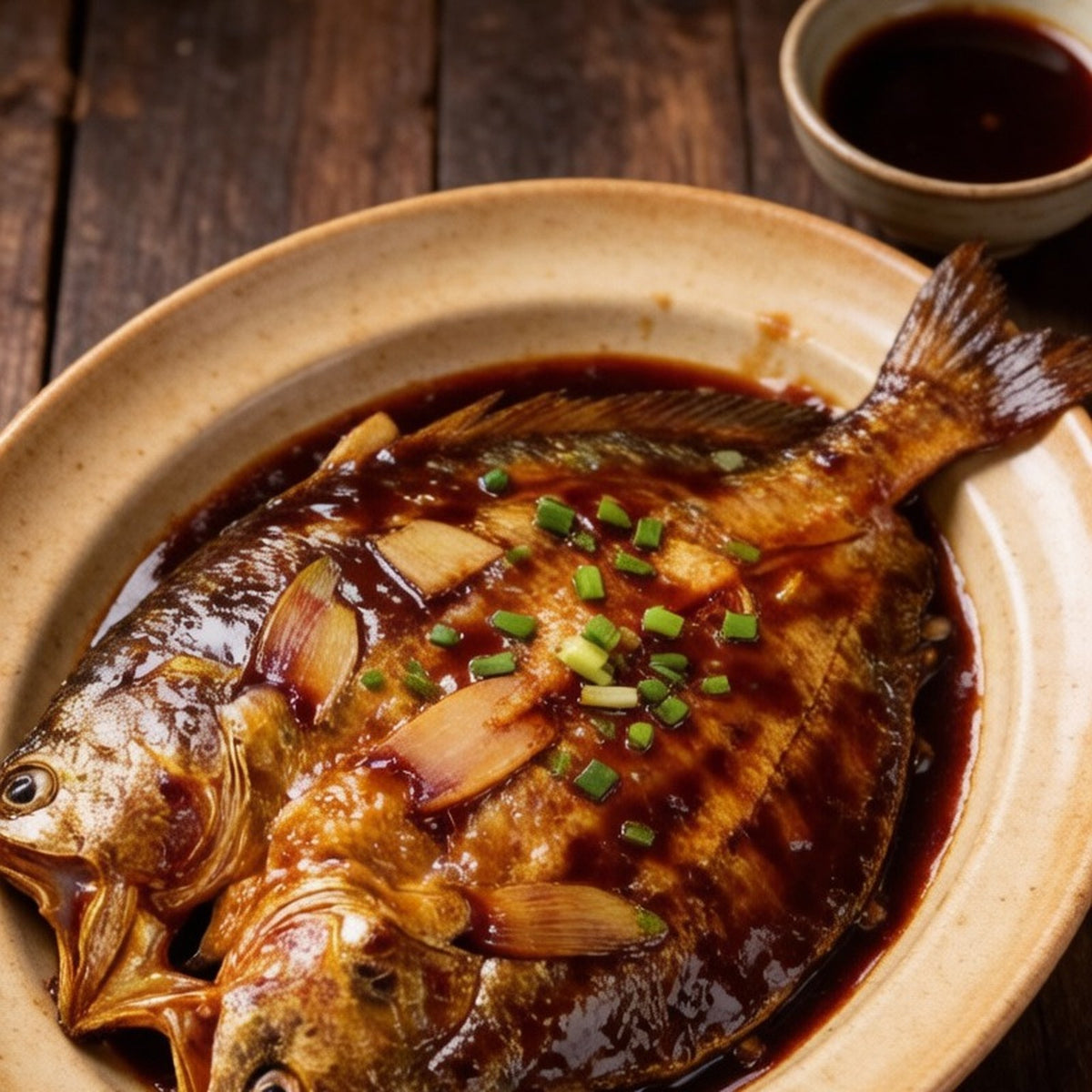 Braised croaker in a clay pot, coated in a rich dark sauce with garlic and scallion