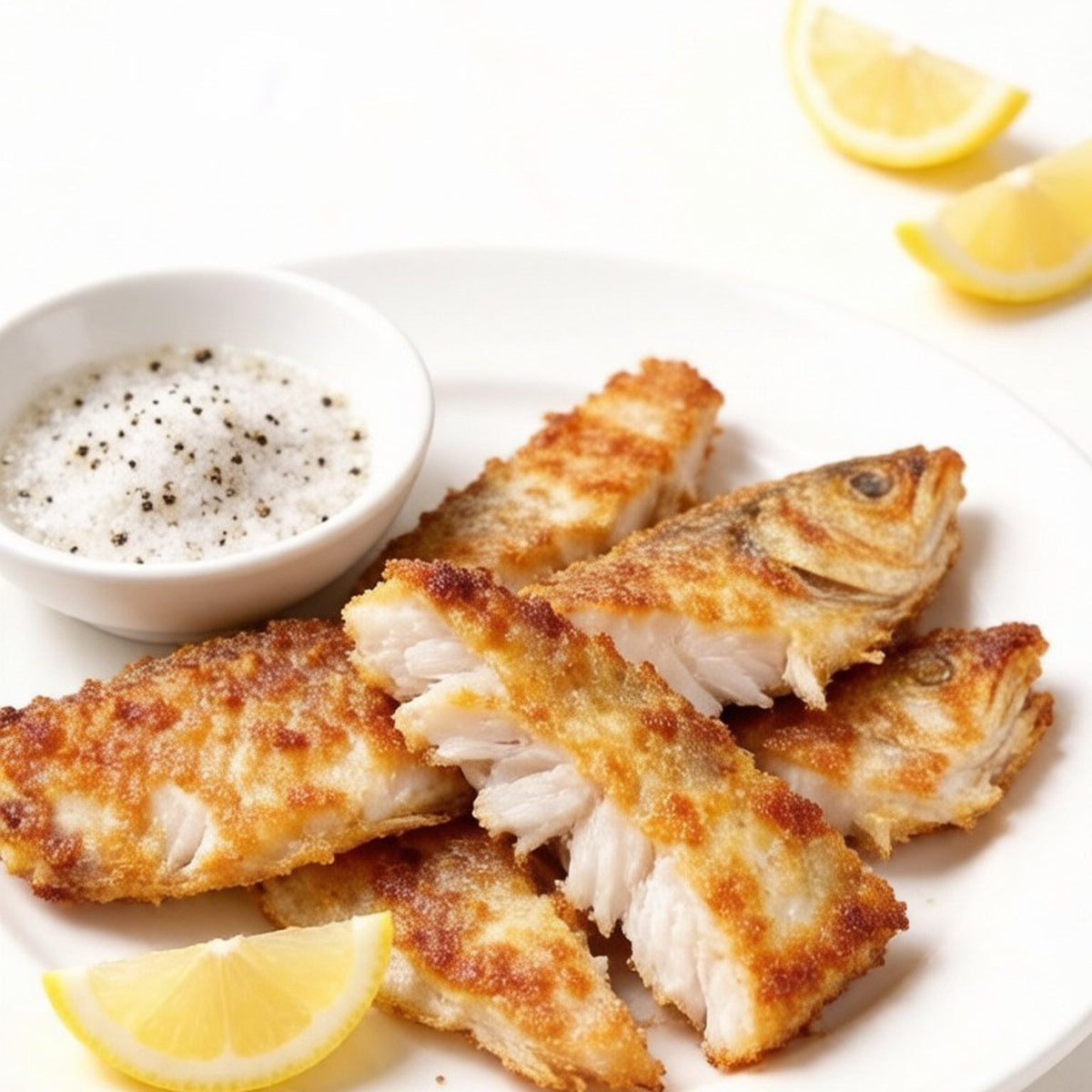 Pan-fried croaker segments plated with a salt-and-pepper dip and lemon wedges